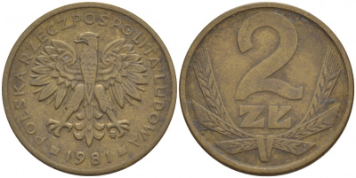 ПОЛЬША 2 ЗЛОТЫХ 1981 MW KM 80.1 латунь 4548-517