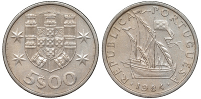 Португалия 5 эскудо 1984 KM 591 медно-никель 4143-143