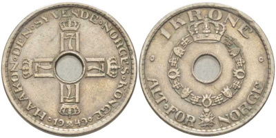 НОРВЕГИЯ 1 КРОНА 1949 ХОКОН VII (1905-1957) KM 385 медно-никель 119-952