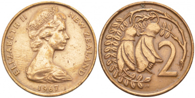 Новая Зеландия 2 цента 1967 Елизавета II (1952-2022), два цветка кохаи KM 32.1 бронза 4548-134