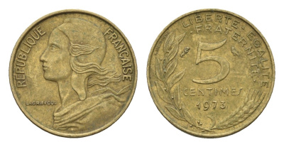 Франция 5 сантимов 1973 KM 933 алюминиевая бронза 4674-554