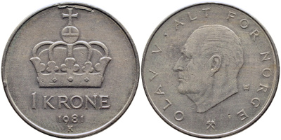 Норвегия 1 крона 1981 Улаф V (1958-1991) KM 419 медно-никель 51-2753