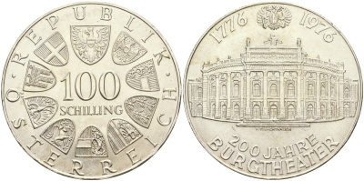 Австрия 100 шиллингов 1976 200 лет общественному театру KM 2930 серебро UNC 02-118-23