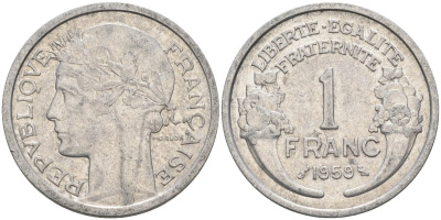 Франция 1 франк 1959 тип Lourde KM 885а, Le Franc 221.23 алюминий 4126-913