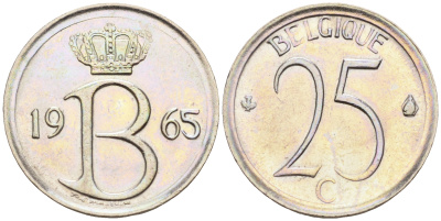 Бельгия 25 сантимов 1965 Belgique, Бодуэн I (1951-1993) KM 153.1 медно-никель 4588-463