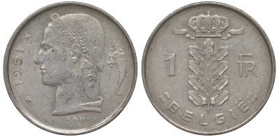 Бельгия 1 франк 1951 Belgie KM 143.1 медно-никель 4163-315