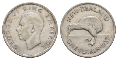 Новая Зеландия 2 шиллинга (флорин) 1937 Георг VI (1936-1952), птичка киви KM 10 серебро 5010-1241