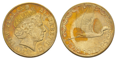 Новая Зеландия 2 доллара 1999 Елизавета II (1952-2022), большая белая цапля, редкий год KM 121 алюминиевая бронза 413-1012