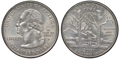 США 25 центов = квотер 2001 Р, серия штаты США, Вермонт KM 321 медь плакированная медно-никелем 4538-331