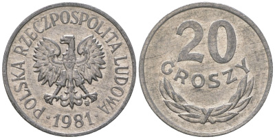 Польша 20 грошей 1981 MW Y A47 алюминий 4617-1214