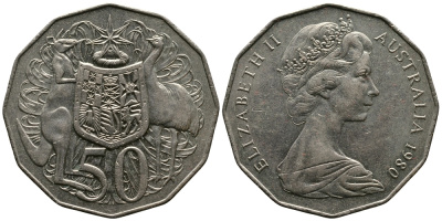 Австралия 50 центов 1980 Елизавета II (1952-2022), герб, кенгуру KM 68 медно-никель 83-1143