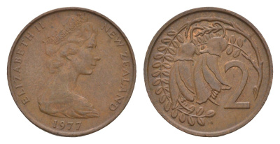 Новая Зеландия 2 цента 1977 Елизавета II (1952-2022), два цветка кохаи KM 32.1 бронза 4655-1147