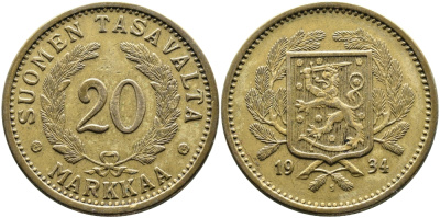 Финляндия 20 марок 1934 S KM 32 алюминиевая бронза 4389-115