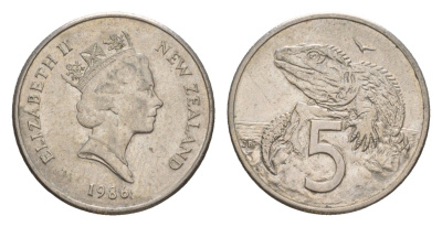 Новая Зеландия 5 центов 1986 Елизавета II (1952-2022), ящерица гаттерия KM 60 медно-никель 4178-365