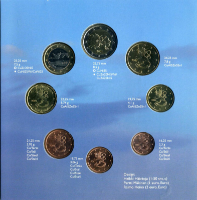 Финляндия набор из трех евронаборов по 8 монет в каждом 1999, 2000, 2001 официальный набор в оригинальном буклете  биметалл  UNC  5-6-1-14