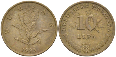 Хорватия 10 лип 1993 табак обыкновенный, легенда на хорватском KM 6 сталь плакированная латунью 4551-1055