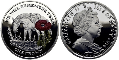 Остров Мэн 1 крона 2014 в память героев первой мировой войны, одинокая лошадь, красный мак KM NEW серебро, эмаль  PROOF 1071-3-22