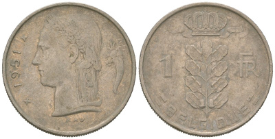 Бельгия 1 франк 1951 Belgique, Бодуэн I (1951-1993) KM 142 медно-никель 4618-413