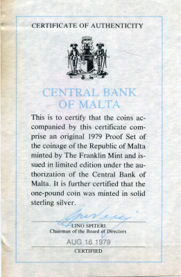 Мальта набор из 10 монет 1979 в запайке, в оригинальной коробке, с сертификатом, тираж 6577 экз. KM PS 7, KM (5-12, 29b, 51) серебро PROOF 2-6-3-09