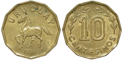 Уругвай 10 сентесимо 1981 KM 66 алюминиевая бронза 4169-515