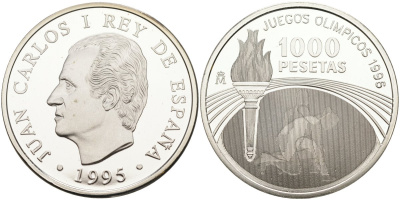 Испания 1000 песет 1995 XXVI олимпийские игры в Атланте 1996 года, в оригинальной деревянной коробке KM 952 серебро PROOF 3-4-7-19
