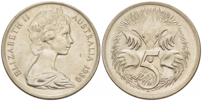 АВСТРАЛИЯ 5 ЦЕНТОВ 1980 ЕЛИЗАВЕТА II, МОЛОДОЙ ПОРТРЕТ, ЕХИДНА KM 64 медно-никель UNC 3851-1132