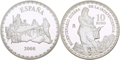 Испания 10 евро 2008 200 лет войне за независимость, Тимбалер дель Брук серебро PROOF 11-282-44