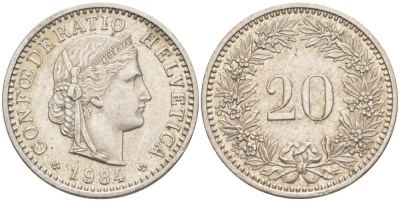 ШВЕЙЦАРИЯ 20 РАППЕНОВ 1984 KM 29a медно-никель 55-1015