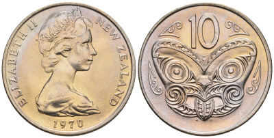 Новая Зеландия 10 центов 1970 Елизавета II (1952-2022), маска маори KM 41.1 медно-никель  UNC  4182-1047