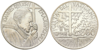 Ватикан 500 лир 1991 Социальная доктрина, Иоанн Павел II (1978-2005), тираж 60.000 экземпляров KM 227 серебро UNC 32-742