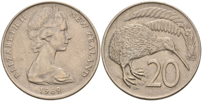 Новая Зеландия 20 центов 1969 Елизавета II (1952-2022), птичка киви KM 36.1 медно-никель  4599-1011