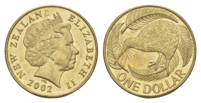 Новая Зеландия 1 доллар 2002 Елизавета II (1952-2022), птица киви KM 120 алюминиевая бронза UNC 4652-253