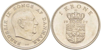 Дания 1 крона 1972 S;S, Фредерик IX (1947-1972) KM 851.2 медно-никель 202-823