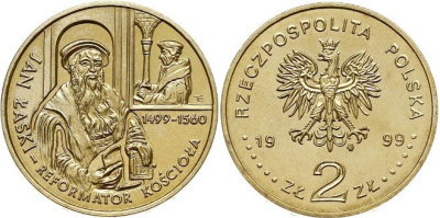Польша 2 злотых 1999 MW, 500 лет со дня рождения Яна Лаский KM 363 нордик UNC 4521-531