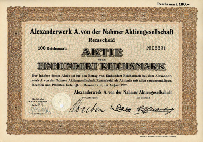 Германия 100 рейхсмарок 1937 Александрверк А. фон дер Нахмер АГ Ремшайд, акция   бумага   8803-103-1
