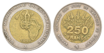Западная Африка (BCEAO) 250 франков 1996 редкий год KM 13 биметалл 4654-552