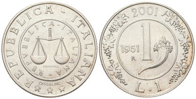 Италия 1 лира 2001 История лиры - лира 1951 года KM 220 серебро UNC 34-1011