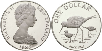 Новая Зеландия 1 доллар 1985 птица черный ходулочник (Black Stilt), Елизавета II (1952-2022) KM 55 a серебро PROOF 1080-4-24