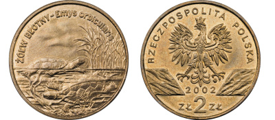 Польша 2 злотых 2002 MW, серия сохраним наш мир, болотные черепахи KM 427 нордик UNC 4526-642