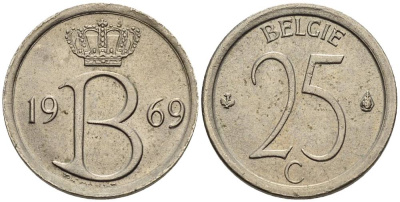 Бельгия 25 сантимов 1969 Belgie, Бодуэн I (1951-1993) KM 154.1 медно-никель 4528-1012