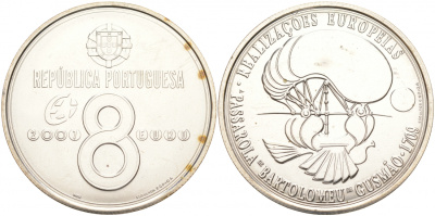 Португалия 8 евро 2007 БАРТОЛОМЕУ ДЕ ГУСМАН серебро UNC 1087-9-25