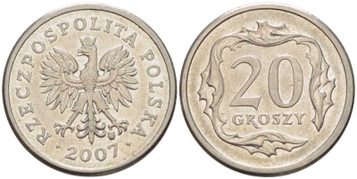 ПОЛЬША 20 ГРОШЕЙ 2007 MW KM 280 медно-никель 201-522