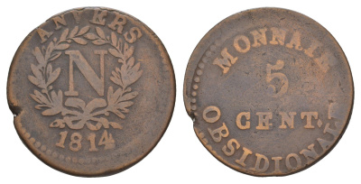 Франция, Осада Антверпена 5 сантимов 1814 Наполеон I KM 2 бронза 1519-442