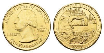 США 1/4 доллара (25 центов) 2018 Квотеры «Парки США» - Национальный озерный центр Апостольских островов KM 670 медь плакированная золотом UNC 11-227-21