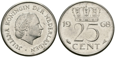 НИДЕРЛАНДЫ 25 ЦЕНТОВ 1968 ЮЛИАНА KM 183 никель 96-169