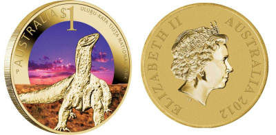 Австралия 1 доллар 2012 серия всемирное наследие, природный парк Улуру-Ката Тьюта, варан, цветная эмаль KM 1821 алюминиевая бронза UNC M41-03