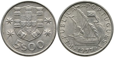 ПОРТУГАЛИЯ 5 ЭСКУДО 1977 ПАРУСНИК KM 591 медно-никель 65-1122