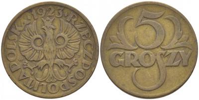 ПОЛЬША 5 ГРОШЕЙ 1923 KM 10 латунь 4549-148