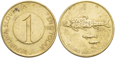 Словения 1 толар 1992 рыбы KM 4 никель латунь 4551-753