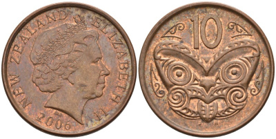Новая Зеландия 10 центов 2006 маска Маори, Елизавета II (1952-) KM 117а сталь плакированная медью 186-522